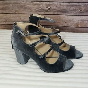 Blue gray velvet open toe heels. Sz 8.5 left. NWOT